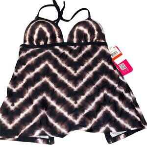 Hula Honey Halter Tankini Push Up Swim Top XS Chevron Black Brown White Womens
